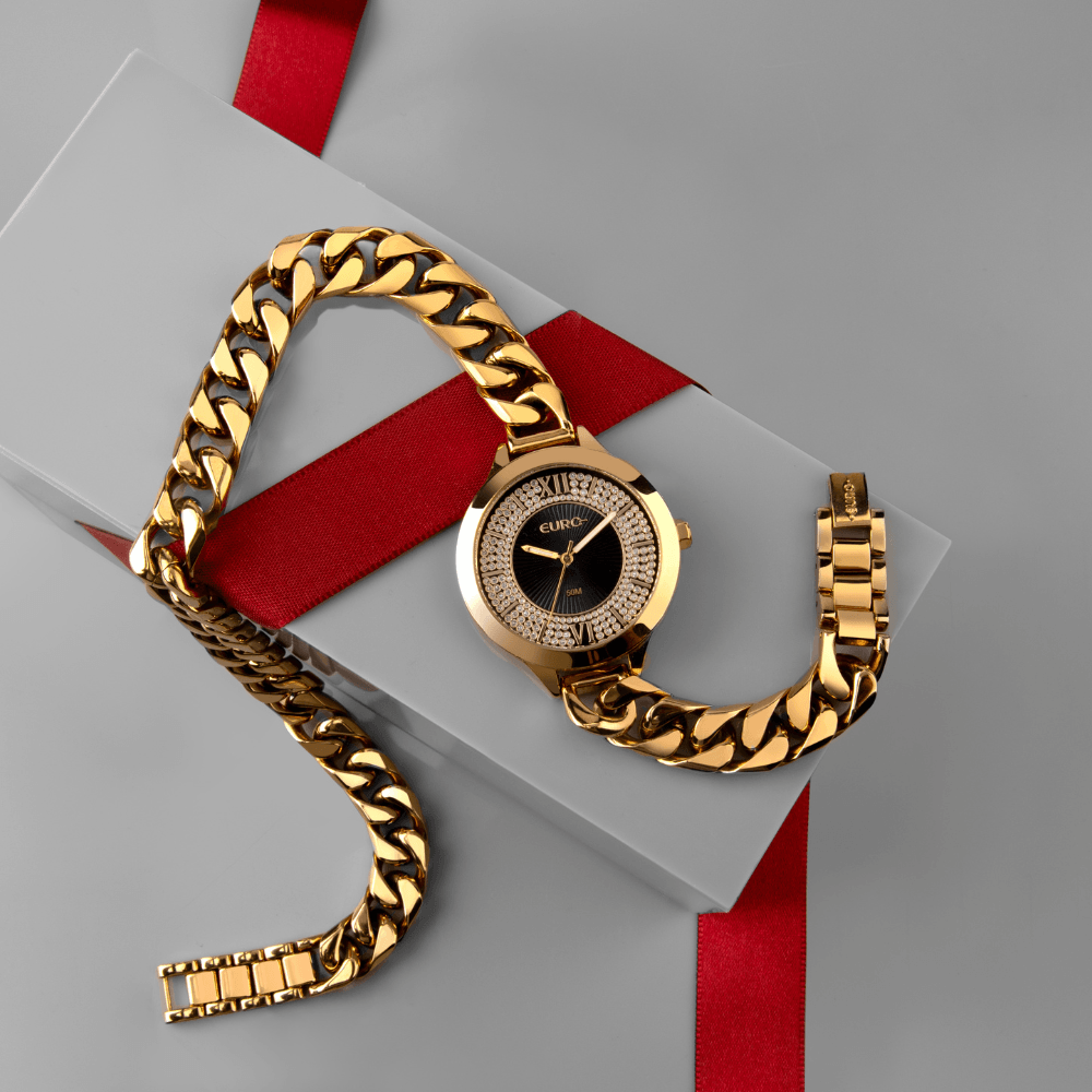  Imagem de fundo- Relógio Euro Feminino Chains Dourado 
