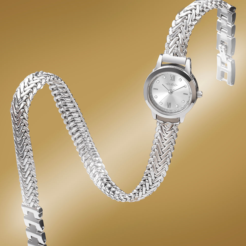 Relógio Euro Feminino Mini Lux Prata